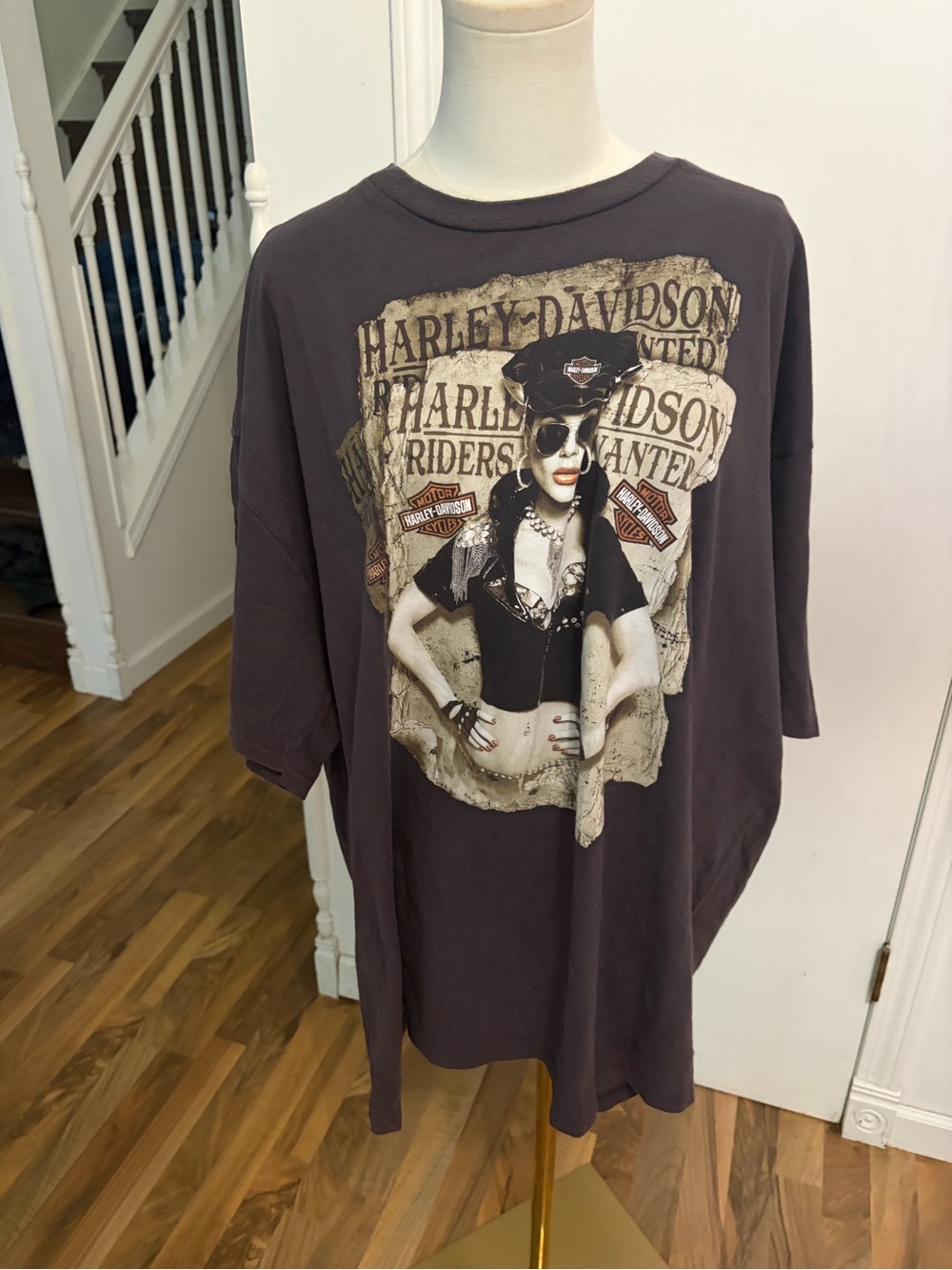 Vintage Harley-Davidson Charcoal Graphic Tee with Retro Pinup Print, 3X, EUC